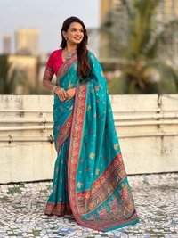 Pure Viscose Silk Saree with Meenakari Folk Motifs & Rich Zari Pallu - FREE, RAMA