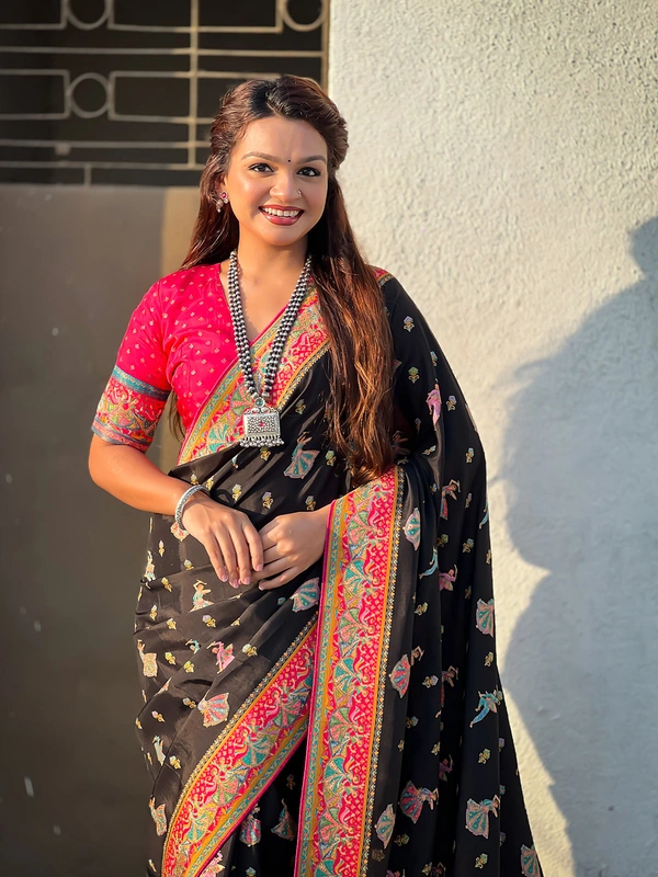 Pure Viscose Silk Saree with Meenakari Folk Motifs & Rich Zari Pallu - FREE, BLACK