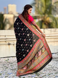 Pure Viscose Silk Saree with Meenakari Folk Motifs & Rich Zari Pallu - FREE, BLACK