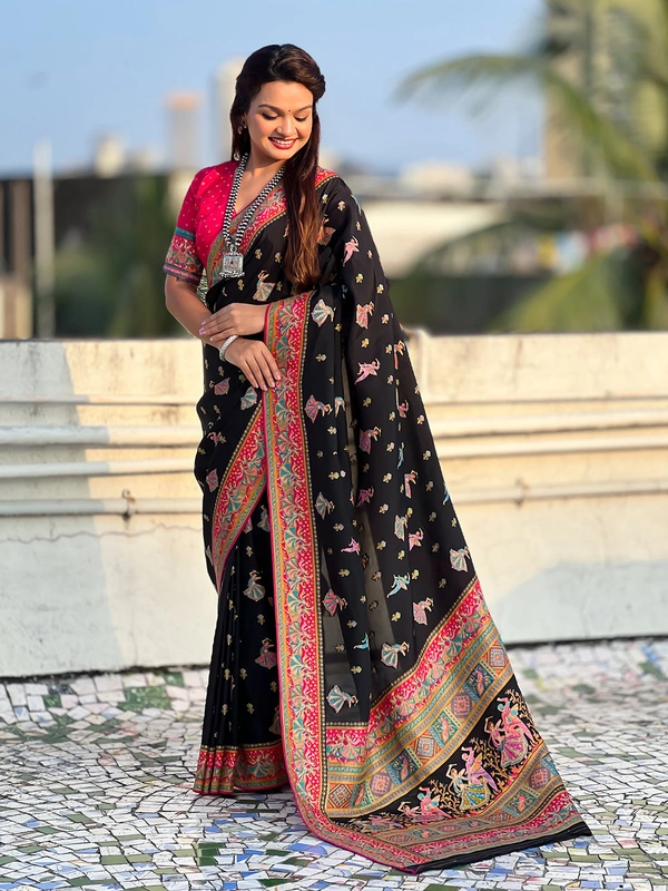 Pure Viscose Silk Saree with Meenakari Folk Motifs & Rich Zari Pallu - FREE, BLACK
