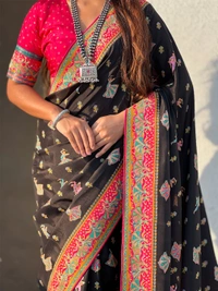 Pure Viscose Silk Saree with Meenakari Folk Motifs & Rich Zari Pallu - FREE, BLACK