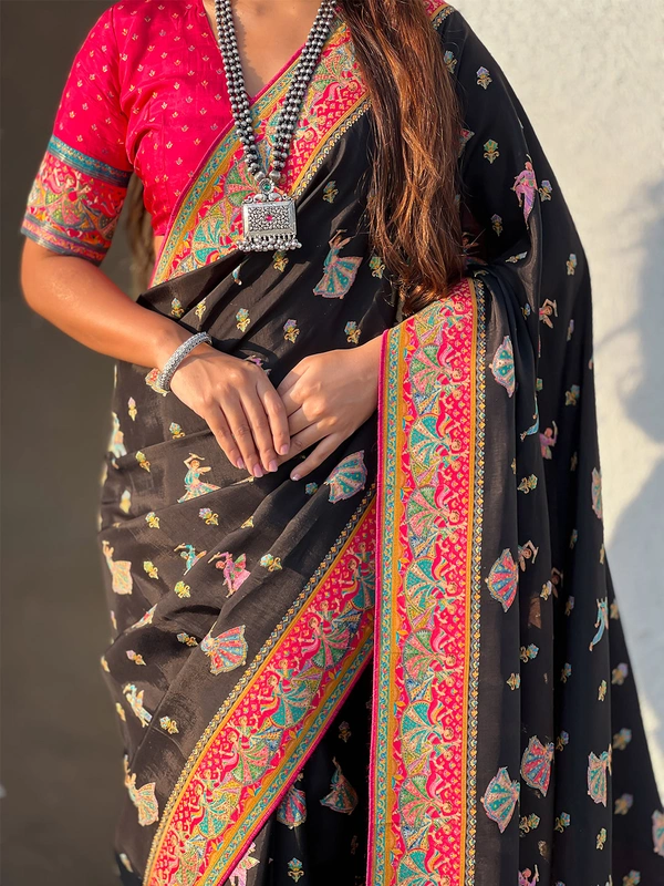 Pure Viscose Silk Saree with Meenakari Folk Motifs & Rich Zari Pallu - FREE, BLACK