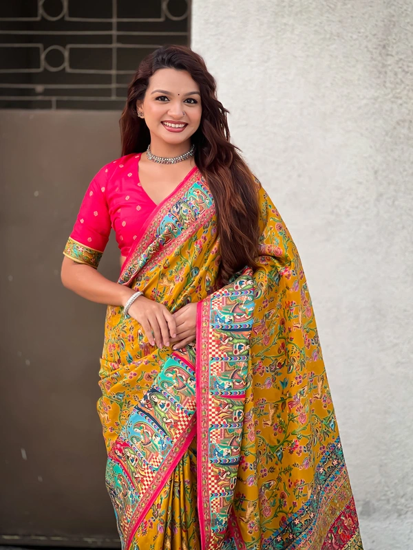 Pure Viscose Silk Saree with Meenakari Zari Jaal & Traditional Pallu - FREE, YELLOW