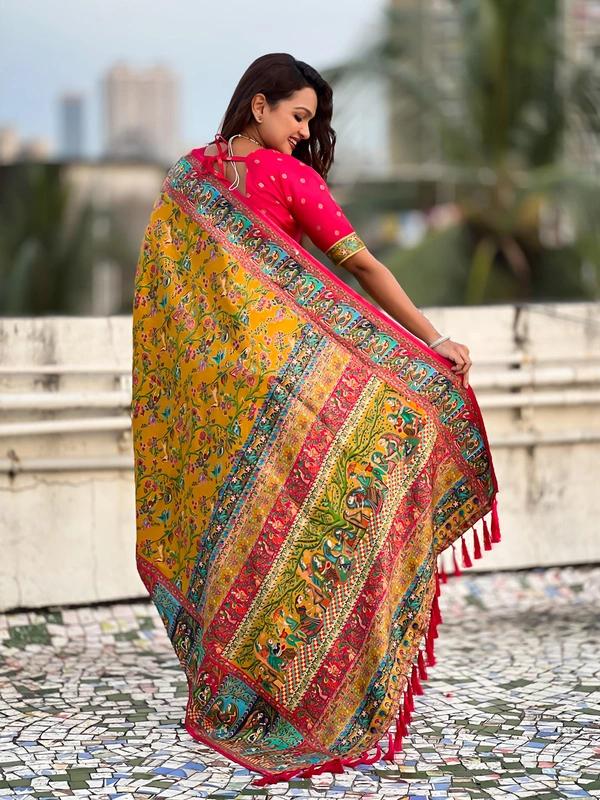 Pure Viscose Silk Saree with Meenakari Zari Jaal & Traditional Pallu - FREE, YELLOW
