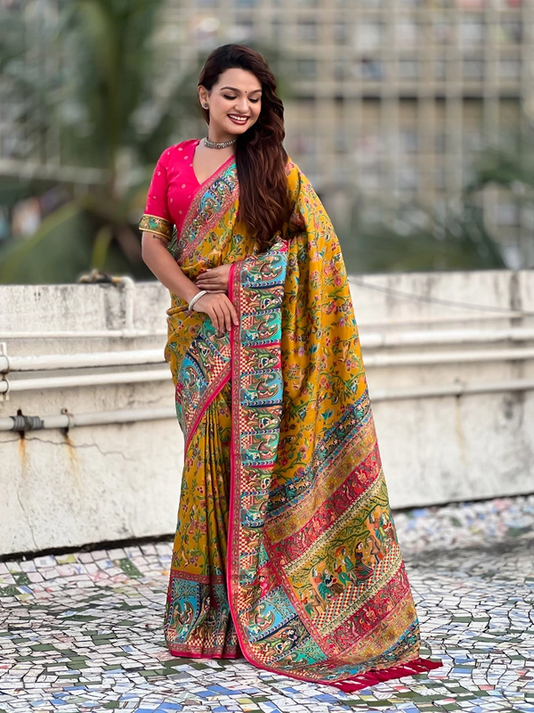 Pure Viscose Silk Saree with Meenakari Zari Jaal & Traditional Pallu - FREE, YELLOW