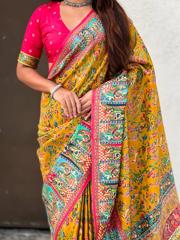 Pure Viscose Silk Saree with Meenakari Zari Jaal & Traditional Pallu - FREE, YELLOW