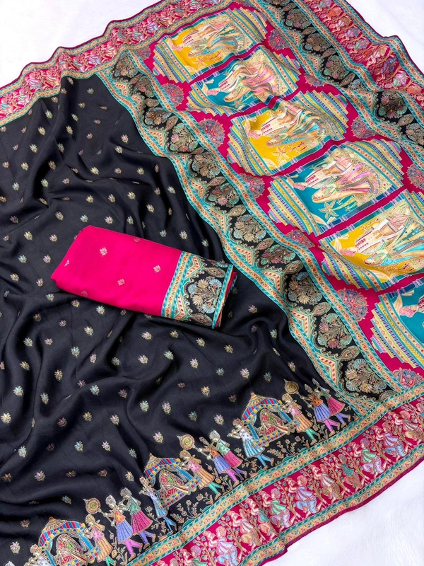 Pure Viscose Silk Saree with Traditional Folk Art Printed Pallu