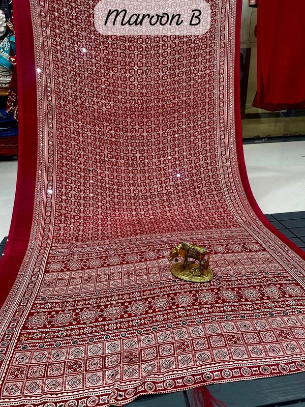 Rajhans Deep Maroon Ajrakh Saree with Intricate All-Over Geometric Block Prints and Premium Mirror Work Border - Free, Maroon