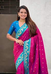 Rajhans Paithani Saree with Gold Zari Swan Motifs & Fancy Meenakari Pallu - FREE, MAGENTA RAMA