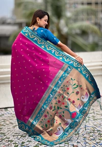 Rajhans Paithani Saree with Gold Zari Swan Motifs & Fancy Meenakari Pallu - FREE, MAGENTA RAMA