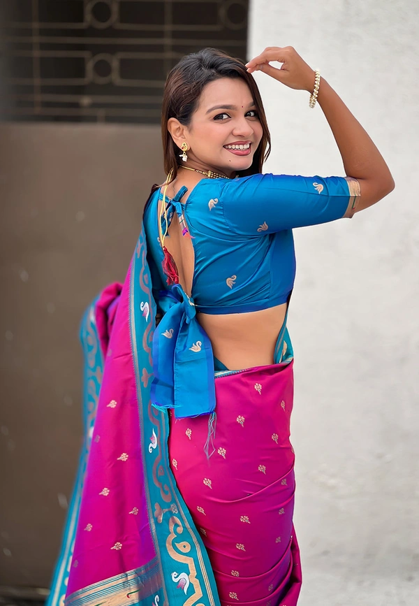 Rajhans Paithani Saree with Gold Zari Swan Motifs & Fancy Meenakari Pallu - FREE, MAGENTA RAMA