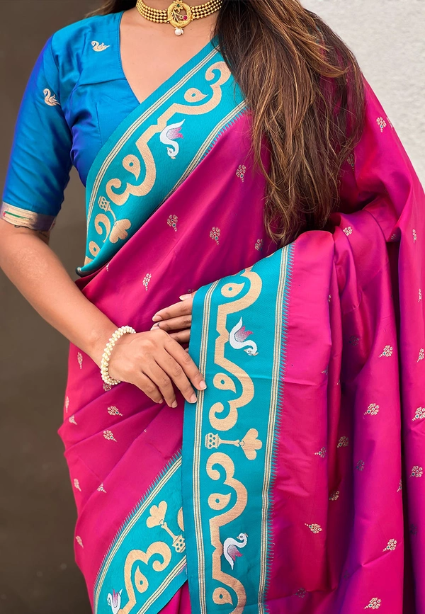 Rajhans Paithani Saree with Gold Zari Swan Motifs & Fancy Meenakari Pallu - FREE, MAGENTA RAMA
