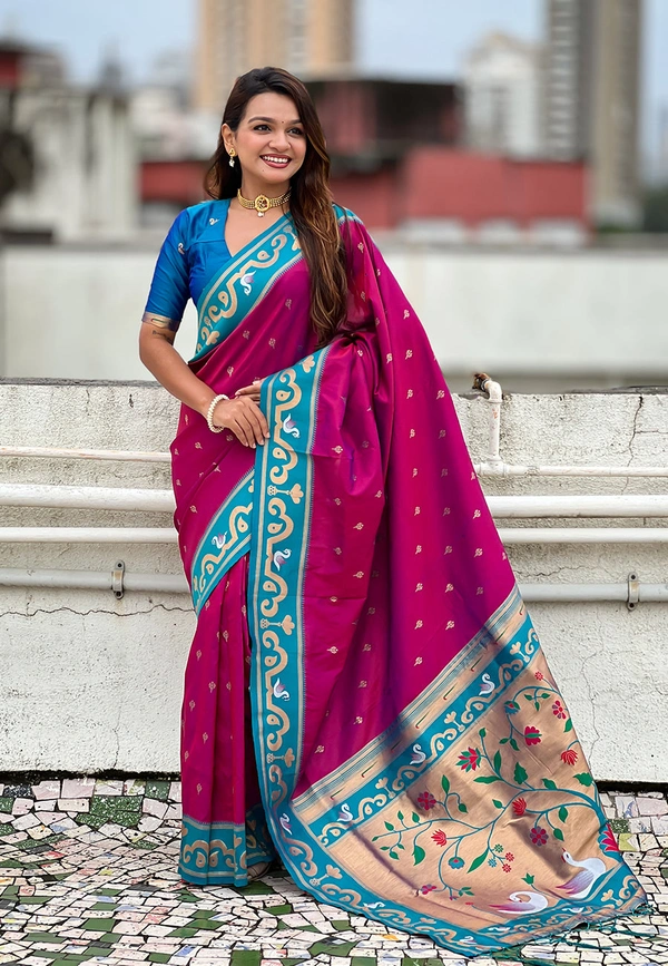 Rajhans Paithani Saree with Gold Zari Swan Motifs & Fancy Meenakari Pallu - FREE, MAGENTA RAMA