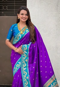 Rajhans Paithani Saree with Gold Zari Swan Motifs & Fancy Meenakari Pallu - FREE, PURPLE