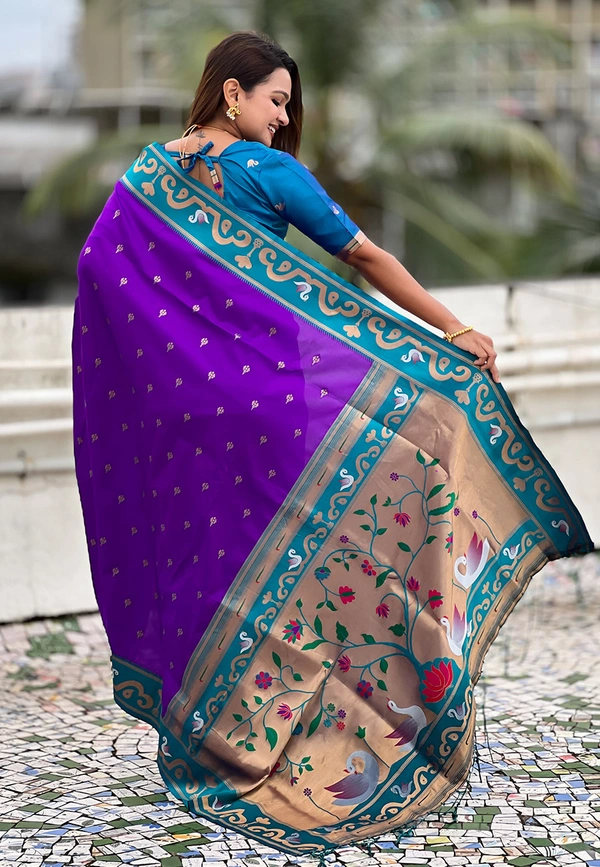 Rajhans Paithani Saree with Gold Zari Swan Motifs & Fancy Meenakari Pallu - FREE, PURPLE