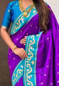 Rajhans Paithani Saree with Gold Zari Swan Motifs & Fancy Meenakari Pallu - FREE, PURPLE