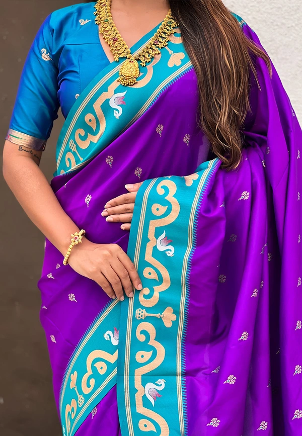 Rajhans Paithani Saree with Gold Zari Swan Motifs & Fancy Meenakari Pallu - FREE, PURPLE
