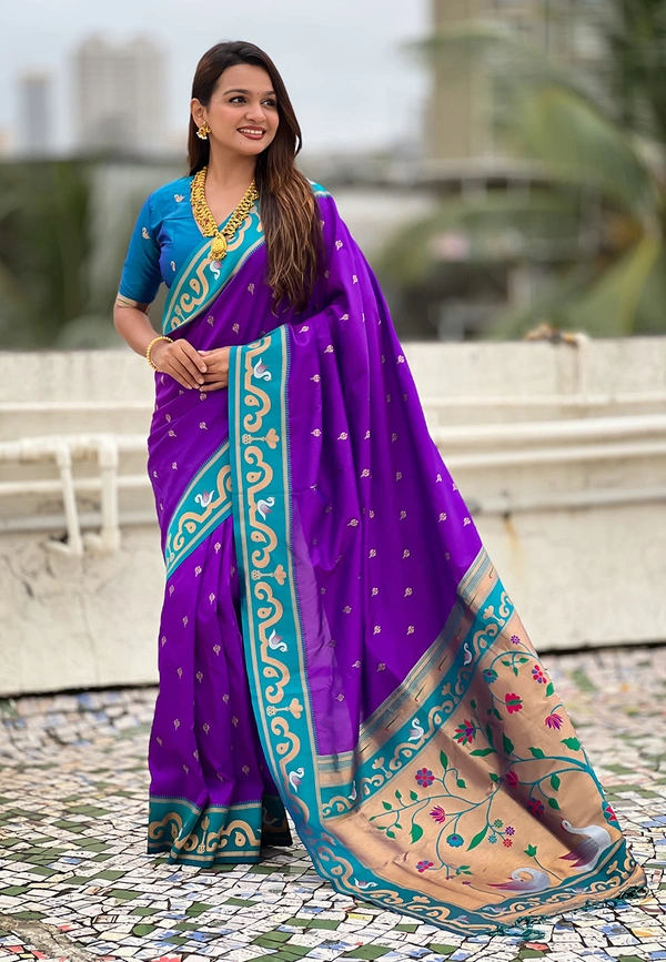 Rajhans Paithani Saree with Gold Zari Swan Motifs & Fancy Meenakari Pallu - FREE, PURPLE