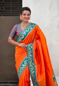 Rajhans Paithani Saree with Gold Zari Swan Motifs & Fancy Meenakari Pallu - FREE, ORANGE