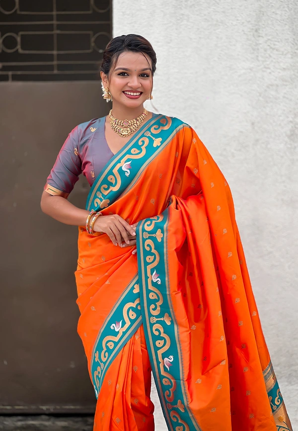 Rajhans Paithani Saree with Gold Zari Swan Motifs & Fancy Meenakari Pallu - FREE, ORANGE