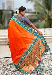 Rajhans Paithani Saree with Gold Zari Swan Motifs & Fancy Meenakari Pallu - FREE, ORANGE