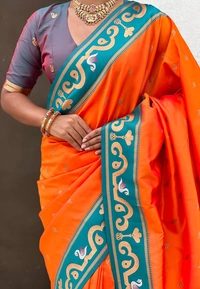 Rajhans Paithani Saree with Gold Zari Swan Motifs & Fancy Meenakari Pallu - FREE, ORANGE