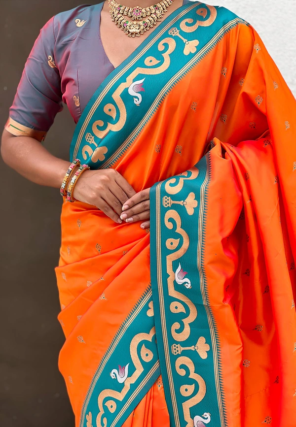 Rajhans Paithani Saree with Gold Zari Swan Motifs & Fancy Meenakari Pallu - FREE, ORANGE