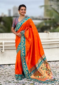 Rajhans Paithani Saree with Gold Zari Swan Motifs & Fancy Meenakari Pallu - FREE, ORANGE