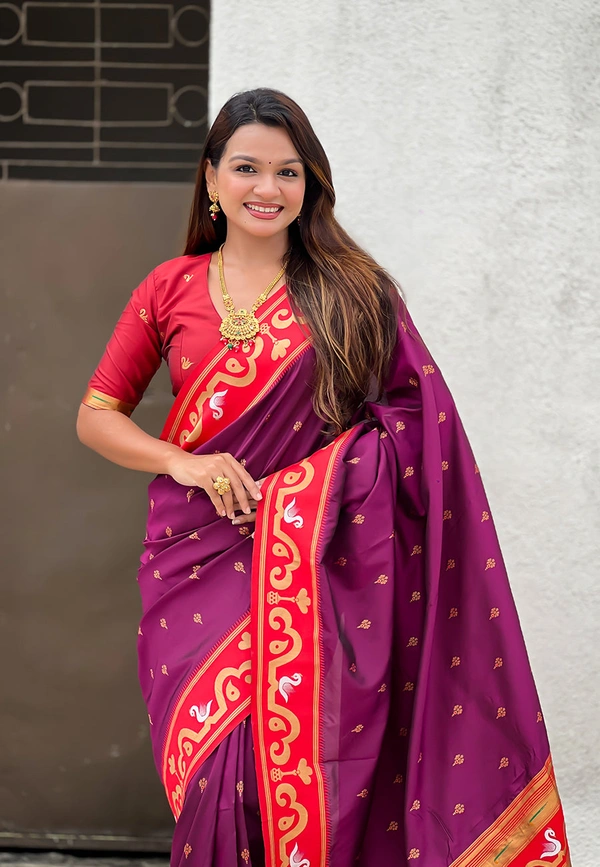 Rajhans Paithani Saree with Gold Zari Swan Motifs & Fancy Meenakari Pallu - FREE, MAGENTA RED