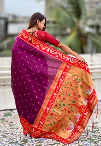Rajhans Paithani Saree with Gold Zari Swan Motifs & Fancy Meenakari Pallu - FREE, MAGENTA RED