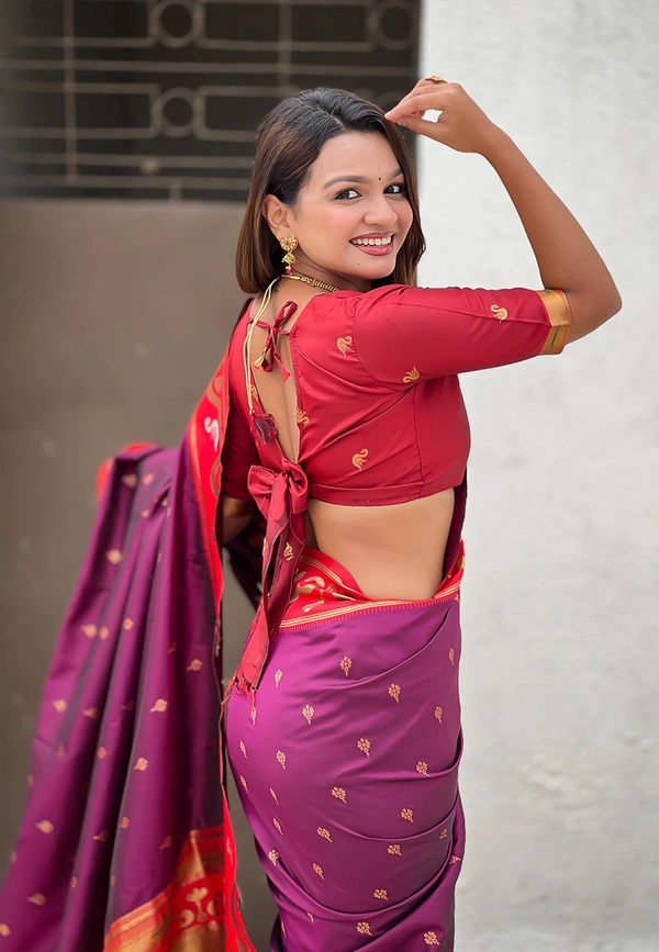Rajhans Paithani Saree with Gold Zari Swan Motifs & Fancy Meenakari Pallu - FREE, MAGENTA RED