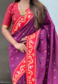 Rajhans Paithani Saree with Gold Zari Swan Motifs & Fancy Meenakari Pallu - FREE, MAGENTA RED