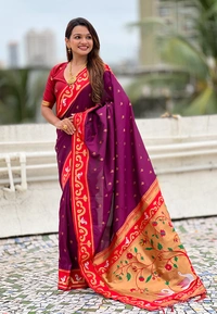 Rajhans Paithani Saree with Gold Zari Swan Motifs & Fancy Meenakari Pallu - FREE, MAGENTA RED