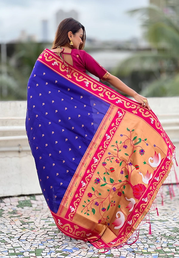 Rajhans Paithani Saree with Gold Zari Swan Motifs & Fancy Meenakari Pallu - FREE, VIOLET