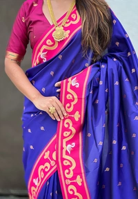 Rajhans Paithani Saree with Gold Zari Swan Motifs & Fancy Meenakari Pallu - FREE, VIOLET