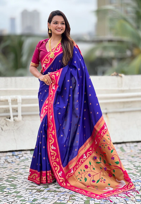 Rajhans Paithani Saree with Gold Zari Swan Motifs & Fancy Meenakari Pallu - FREE, VIOLET