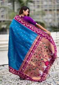 Rajhans Paithani Saree with Gold Zari Swan Motifs & Fancy Meenakari Pallu - FREE, RAMA