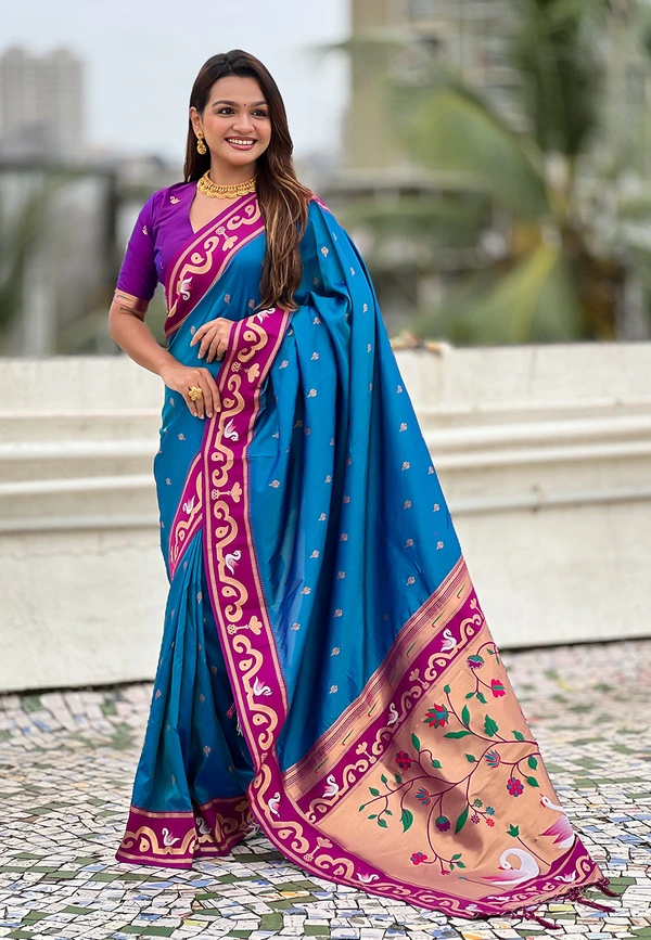Rajhans Paithani Saree with Gold Zari Swan Motifs & Fancy Meenakari Pallu - FREE, RAMA