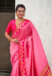 Rajhans Paithani Saree with Gold Zari Swan Motifs & Fancy Meenakari Pallu - FREE, BABY PINK