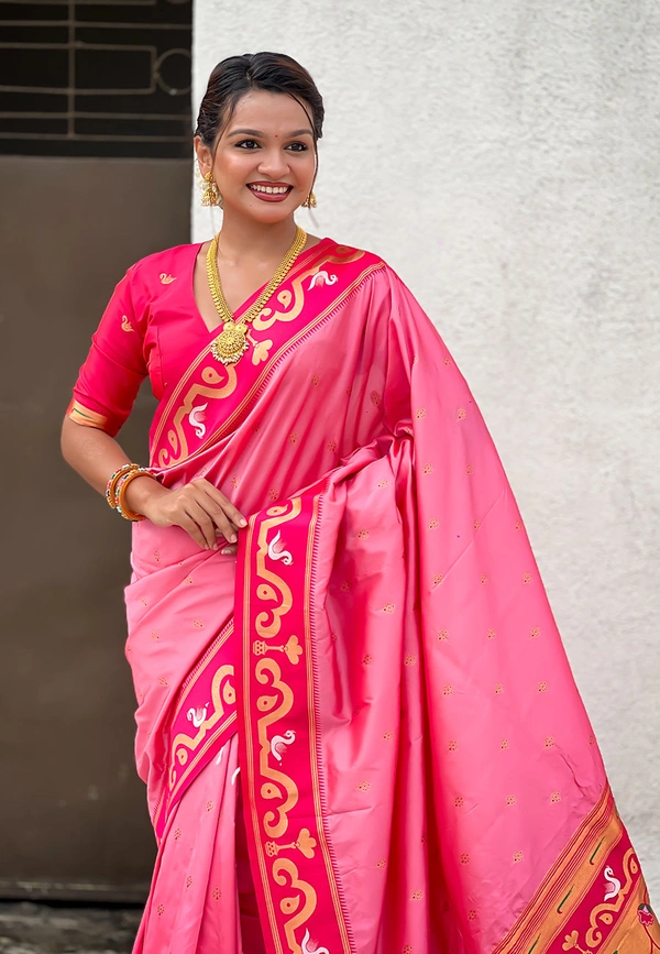 Rajhans Paithani Saree with Gold Zari Swan Motifs & Fancy Meenakari Pallu - FREE, BABY PINK