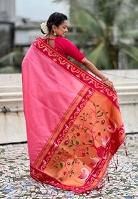Rajhans Paithani Saree with Gold Zari Swan Motifs & Fancy Meenakari Pallu - FREE, BABY PINK