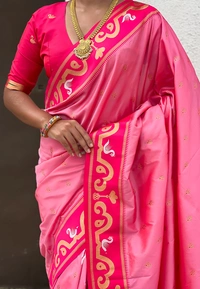 Rajhans Paithani Saree with Gold Zari Swan Motifs & Fancy Meenakari Pallu - FREE, BABY PINK