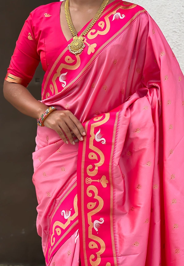 Rajhans Paithani Saree with Gold Zari Swan Motifs & Fancy Meenakari Pallu - FREE, BABY PINK