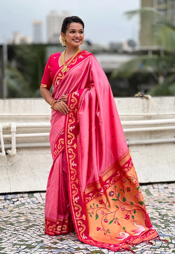 Rajhans Paithani Saree with Gold Zari Swan Motifs & Fancy Meenakari Pallu - FREE, BABY PINK