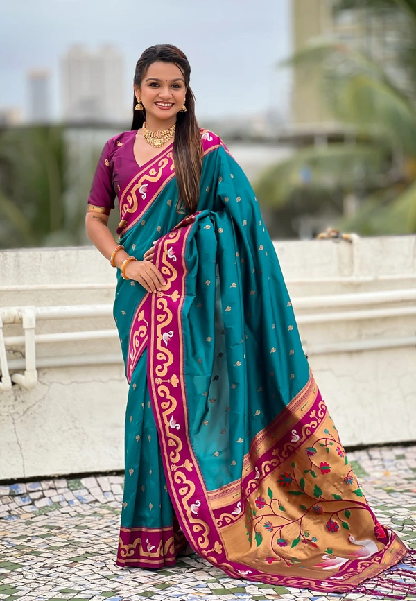 Rajhans Paithani Saree with Gold Zari Swan Motifs & Fancy Meenakari Pallu