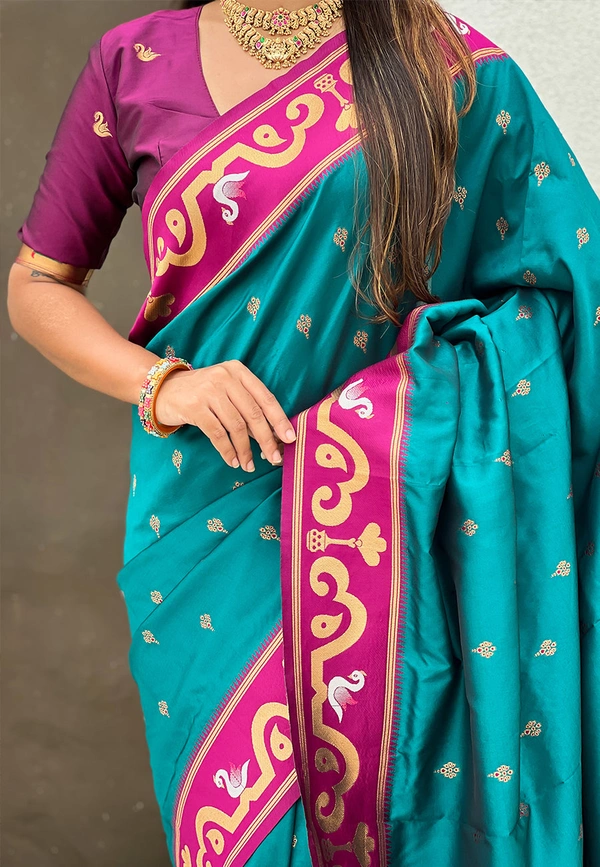 Rajhans Paithani Saree with Gold Zari Swan Motifs & Fancy Meenakari Pallu - FREE, G.MAGENTA