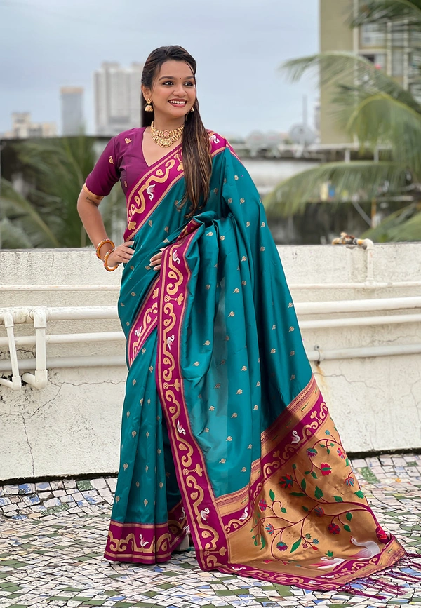 Rajhans Paithani Saree with Gold Zari Swan Motifs & Fancy Meenakari Pallu - FREE, G.MAGENTA