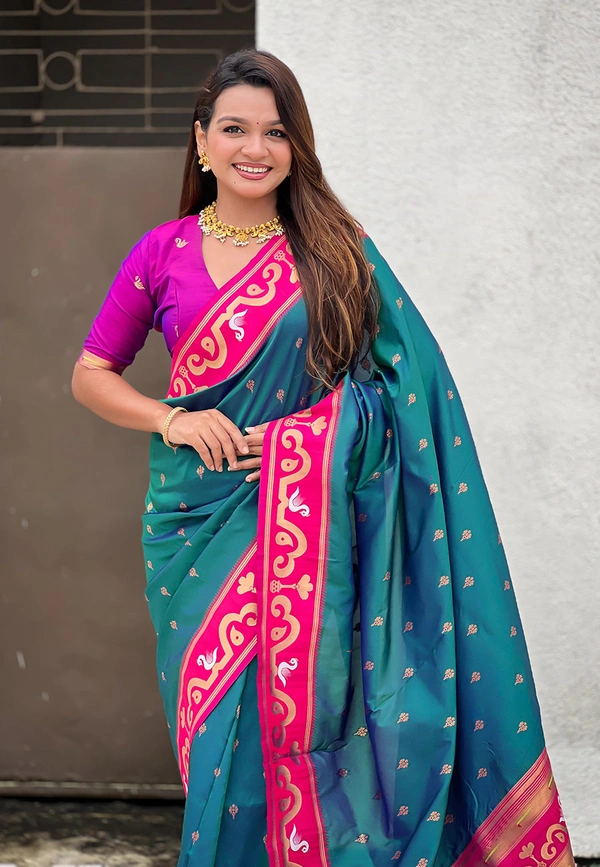 Rajhans Paithani Saree with Gold Zari Swan Motifs & Fancy Meenakari Pallu - FREE, G.PINK