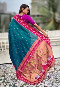 Rajhans Paithani Saree with Gold Zari Swan Motifs & Fancy Meenakari Pallu - FREE, G.PINK