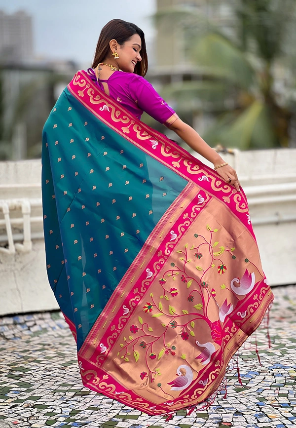 Rajhans Paithani Saree with Gold Zari Swan Motifs & Fancy Meenakari Pallu - FREE, G.PINK